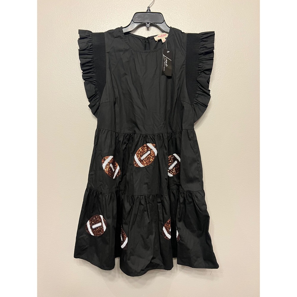 Peach Love California Black Sequin Football Tiered Ruffle Mini Dress Medium NWT